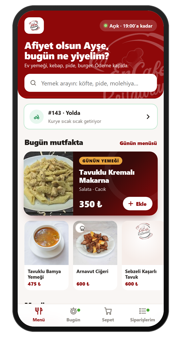 EnCafe uygulaması: menü ve günün yemeği ekranı